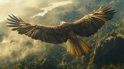 Majestic eagle soaring over lush green mountains and misty valleys, showcasing its powerful wings and keen eyesight. breathtaking view of nature beauty
