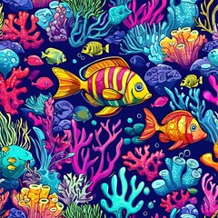Obraz premium Vibrant Seamless Pattern of Ocean Life, Coral Reefs, and Sea Creatures in Underwater Style