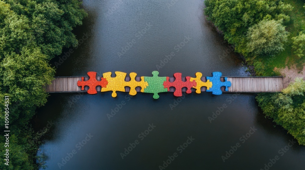Poster A bridge made of interlocking puzzle pieces of different colors, symbolizing connection through diversity, spanning across a serene river