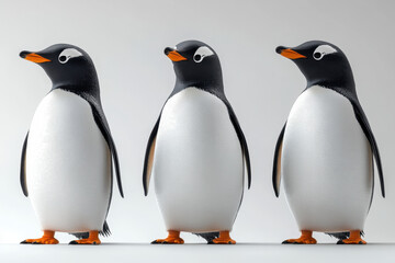 Fototapeta premium Three penguins standing in row, showcasing their black and white feathers and orange beaks. These charming birds evoke sense of playfulness and curiosity