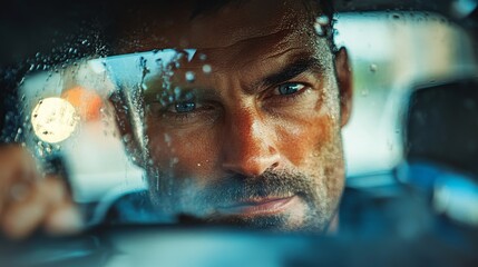 The man feels uncomfortable while driving, and through the perspective of the car window, people outside are watching, expressing public concern and personal discomfort themes in urban environments.