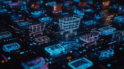 A futuristic digital landscape showcasing glowing shopping cart icons amidst a network of interconnected data nodes.
