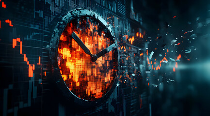 A futuristic clock with fiery elements, set against a digital backdrop, symbolizes the passage of time and the fusion of technology and reality.