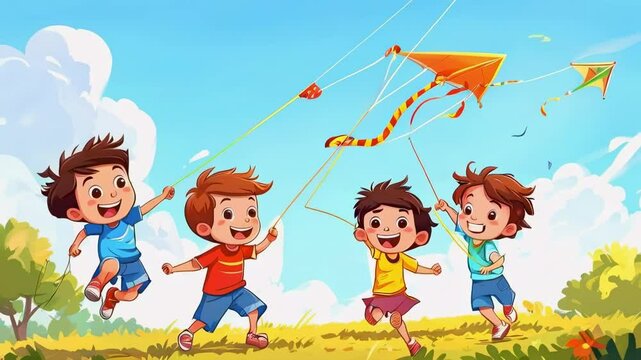 Kids Playing Kite Cartoon