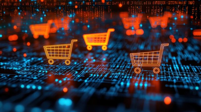 A digital illustration featuring glowing shopping carts on a matrix-like background, symbolizing e-commerce and online shopping.