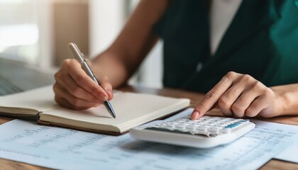 Fototapeta premium A close-up of a woman's hand using a calculator to manage home finances and writing notes, focusing on accounting and budget management at a table. She is handling financial planning and budgeting.