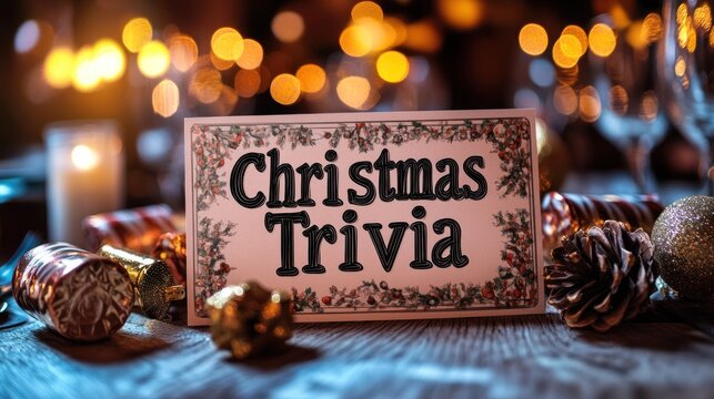 Christmas trivia night card on table.