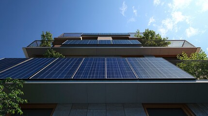 Modern building with solar panels and greenery under a clear blue sky.