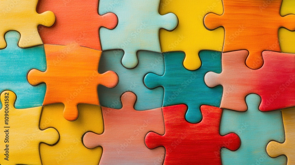 Poster A clean, minimalistic design of a diverse set of puzzle pieces fitting together to form a whole, Representing the integration of different identities into a unified community