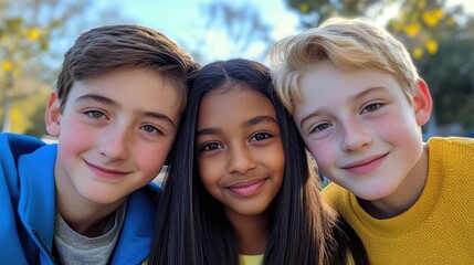Fototapeta premium A closeup of three young friends, two boys and one girl, with diverse skin tones