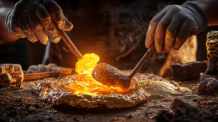 Fototapeta premium Close-up of molten gold being delicately shaped by artisan tools, glowing with warmth and purity, against a dark background, selective focus on foreground, copy space for text, ultra HD, 