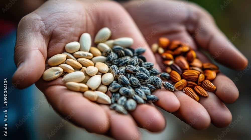 Poster a collection of different seeds in a hand, symbolizing the potential and growth nurtured by diversit