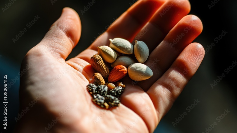 Poster a collection of different seeds in a hand, symbolizing the potential and growth nurtured by diversit