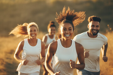 Four friends running together in grassy area, smiling and enjoying activity. Warm sunlight creates cheerful and energetic atmosphere.