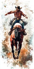 Fototapeta premium A cowboy rides a bucking horse amidst splashes of color, capturing the thrill of rodeo excitement in a dynamic composition.
