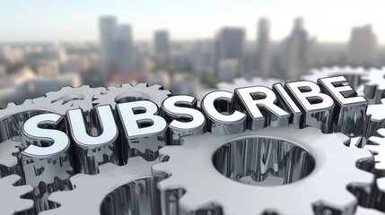 3D illustration of metallic gears with the word 'SUBSCRIBE' in a futuristic urban background