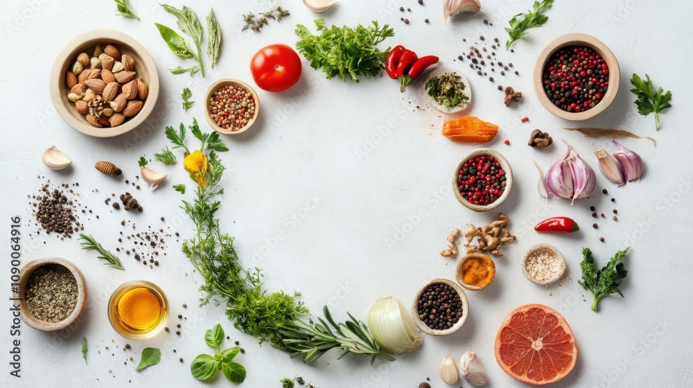 Poster a collection of diverse food ingredients arranged in a circular pattern, symbolizing the fusion and 