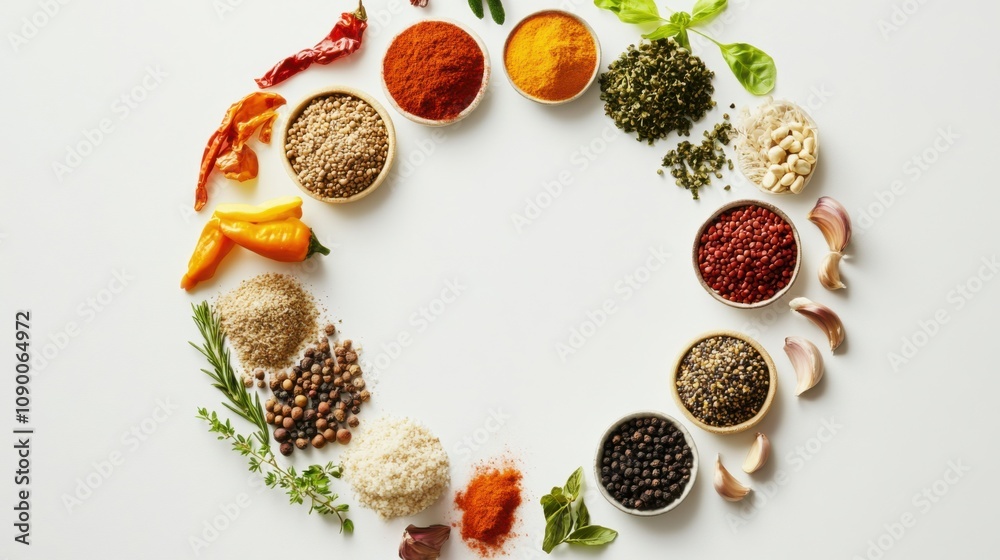 Poster a collection of diverse food ingredients arranged in a circular pattern, symbolizing the fusion and 