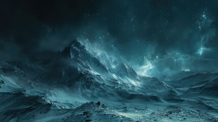 A serene, otherworldly mountain landscape under a starry sky.