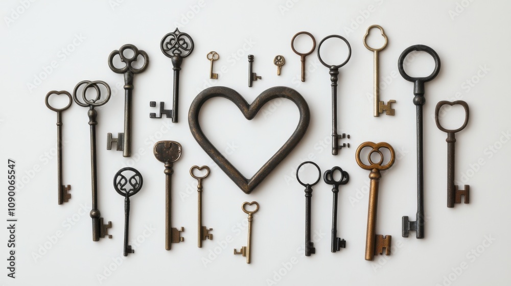 Poster a collection of diverse keys forming a heart shape, representing the unlocking of potential and love