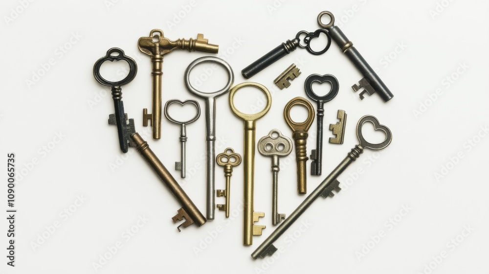 Poster a collection of diverse keys forming a heart shape, representing the unlocking of potential and love