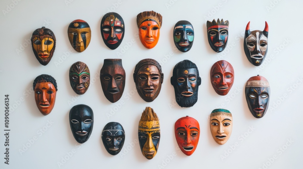 Aufkleber A collection of diverse masks from different cultures arranged in a circular pattern, symbolizing unity in diversity, hung on a plain wall