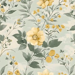 Classic Botanical Wildflower Pattern with Delicate Foliage, Muted Greens, and Yellows in Vintage-Inspired Seamless Design