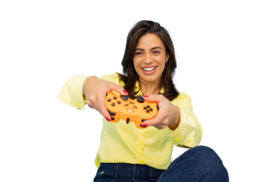 Latina woman enjoying a gaming session with a joystick