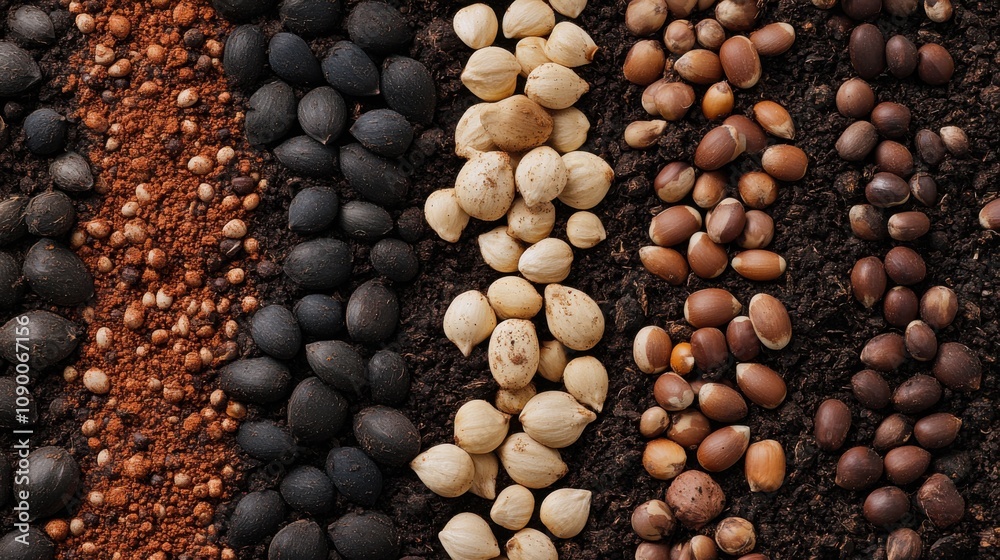 Poster a collection of diverse seeds planted in soil, symbolizing growth and potential through inclusivity,