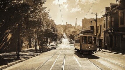 Obraz premium Vintage streetcar ascending a hill on a sunny day in a city.