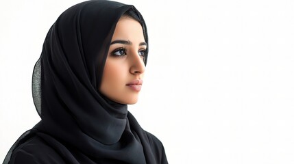 Profile portrait of a young woman wearing a black hijab, showcasing serene expression and cultural elegance against a light background