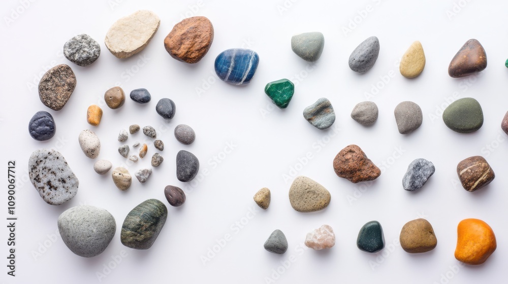 Poster a collection of diverse stones arranged in a spiral, representing the strength and balance derived f
