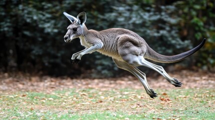 A dynamic shot of a kangaroo jumping in the wild, captured in full HD with sharp focus and studio-level clarity showcasing its powerful leap