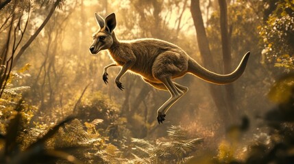 A kangaroo mid-jump in a natural setting, captured in high detail with perfect lighting to highlight its movement and energy