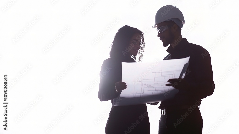 Poster silhouette of two professionals examining blueprint for construction project, featuring engineer and