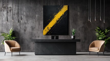 A modern interior featuring a dark wall, minimalist furniture, and a striking abstract yellow artwork above a sleek black console.