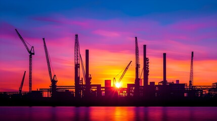 Obraz premium Captivating Silhouette of Timber Processing Industry at Sunset with Vibrant Sky and Crane Structures Reflecting on Water