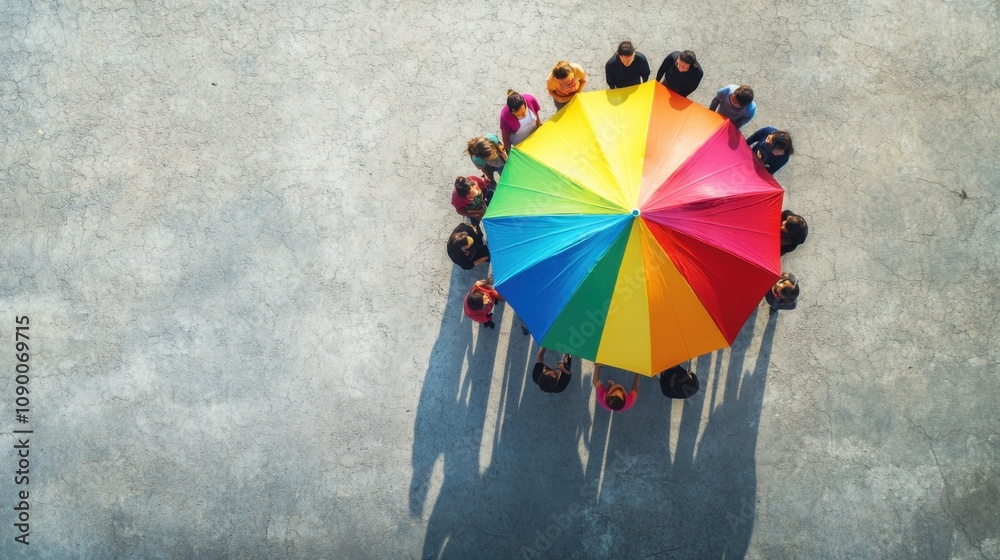 Poster a colorful umbrella sheltering diverse figures, representing protection and unity within diversity, 