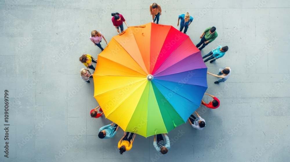 Poster a colorful umbrella sheltering diverse figures, representing protection and unity within diversity, 