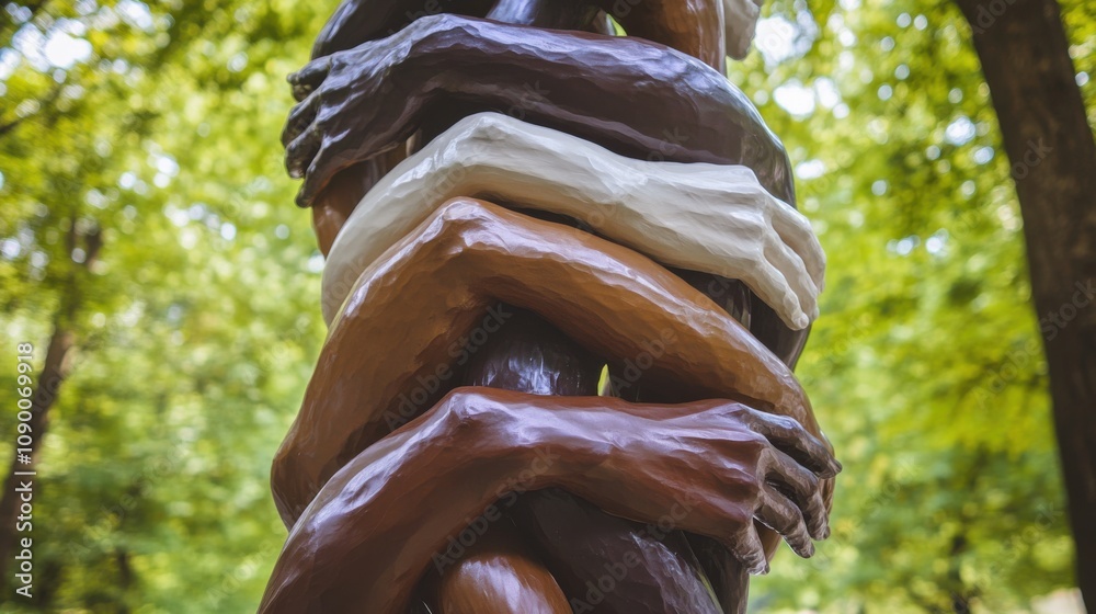 Poster A community art installation in a park, featuring sculptures of hands of different skin tones intertwined, Symbolizing unity and diversity in public spaces