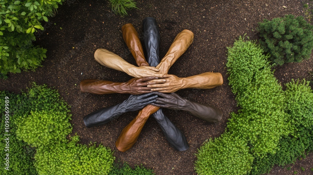 Poster A community art installation in a park, featuring sculptures of hands of different skin tones intertwined, Symbolizing unity and diversity in public spaces
