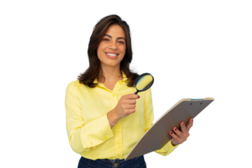 Latina businesswoman examining a document with a magnifying glass
