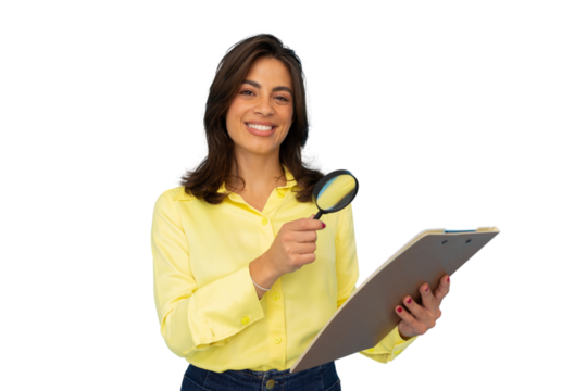 Latina businesswoman examining a document with a magnifying glass - Powered by Adobe
