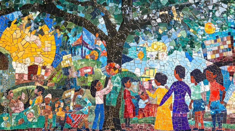 Poster A community art project where residents of different abilities create a mosaic depicting scenes of cultural diversity, Reflecting artistic inclusivity and collaborative creativity, photography style