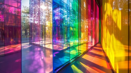 Colorful glass panels reflecting sunlight, creating vibrant hues and shadows.