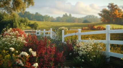Fototapeta premium A serene farm landscape featuring a white fence, rolling fields, and vibrant plants, shot in high-definition with crisp studio lighting for perfect detail