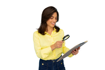 Latina businesswoman examining a document with a magnifying glass