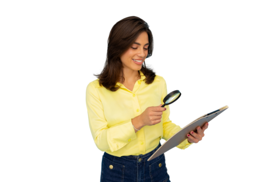 Latina businesswoman examining a document with a magnifying glass - Powered by Adobe