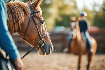 Obraz premium The child learns horse riding under the guidance of a trainer