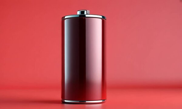 A shiny red battery on a solid red background, symbolizing energy and power.